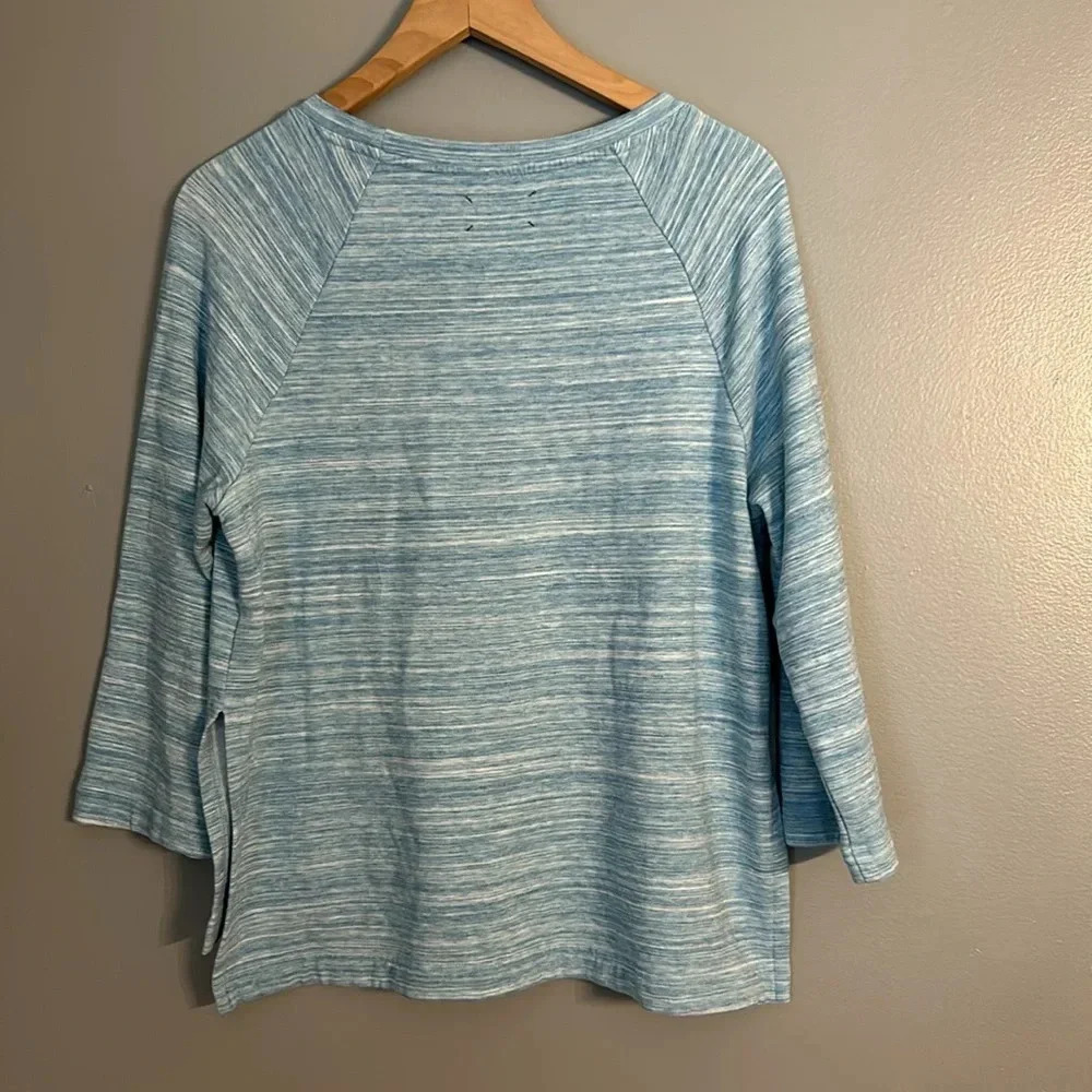 Lou & Grey Blue and White Space Dyed Side-Split Sweatshirt, M, 3/4 Length Sleeve - Picture 3 of 7